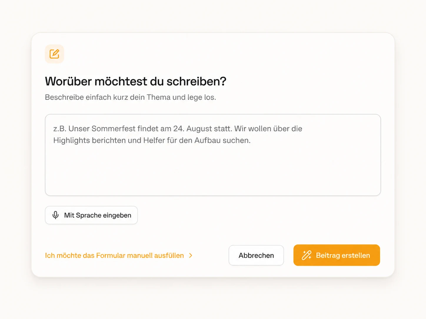 PressBuddy Eingabe-Maske: Thema als Stichpunkte oder per Sprache eingeben