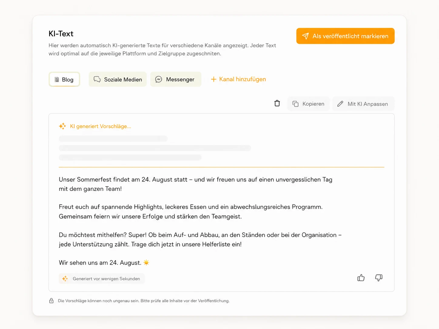 PressBuddy KI-Texte: generierte Vorschläge für Blog, Soziale Medien und Messenger
